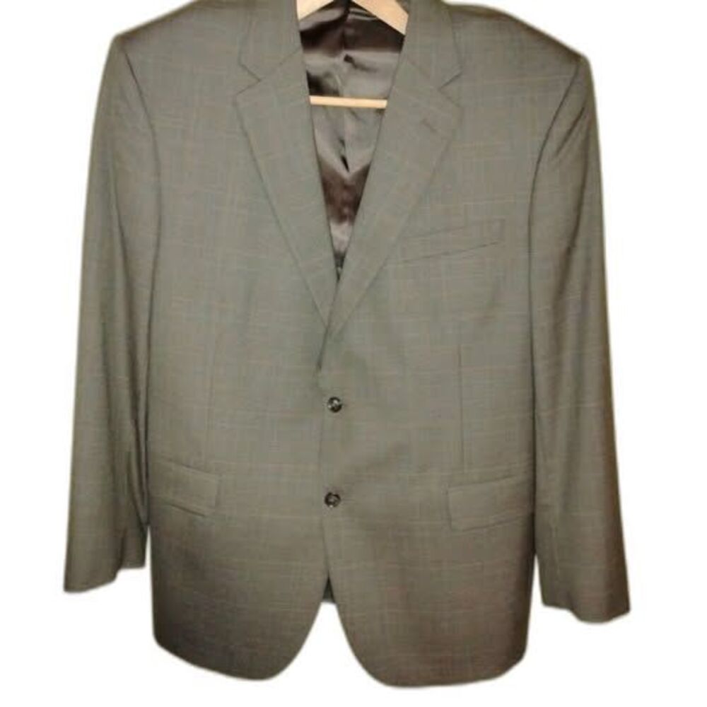 MEN BLAZER JACKET SIZE 42L GREY & BLACK PLAID JOS.A BANK 100% WOOL